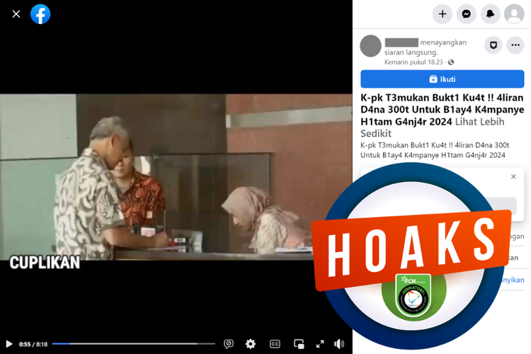 Tangkapan layar unggahan dengan narasi hoaks di sebuah akun Facebook, Senin (27/3/2023), soal video KPK temukan dana kampanye hitam Ganjar Rp 300 triliun.