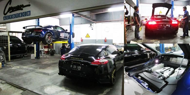 Audi R8 dan Porsche yang sedang dalam dalam proses pengerjaan di bengkel Carmen.