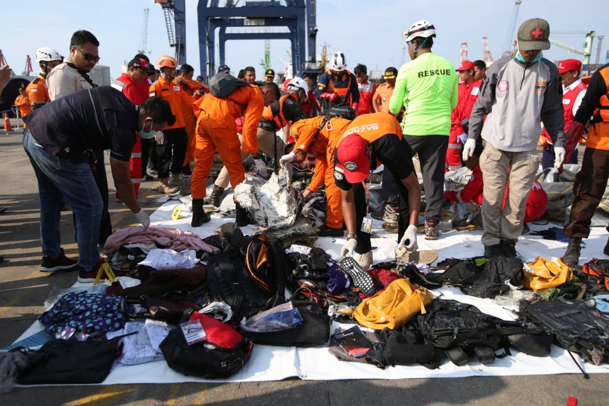 Petugas memilah serpihan pesawat dan barang penumpang pesawat Lion Air JT 610 di Dermaga JICT 2, Tanjung Priuk, Jakarta Utara, senin (29/10/2018). Pesawat Lion Air JT 610 rute Jakarta - Pangkal Pinang jatuh di perairan Pantai Karawang, Jawa Barat. Pesawat membawa yang jatuh di perairan Pantai Karawang mengangkut 181 penumpang.