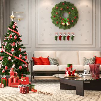 Ilustrasi ruang keluarga dengan dekorasi Natal, pita yang dipasang di pohon Natal