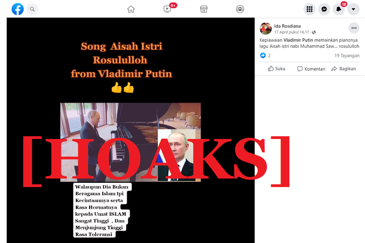 Tangkapan layar unggahan hoaks di sebuah akun Facebook, tentang video Vladimir Putin memainkan piano dengan lagu Aisyah Istri Rasulullah.