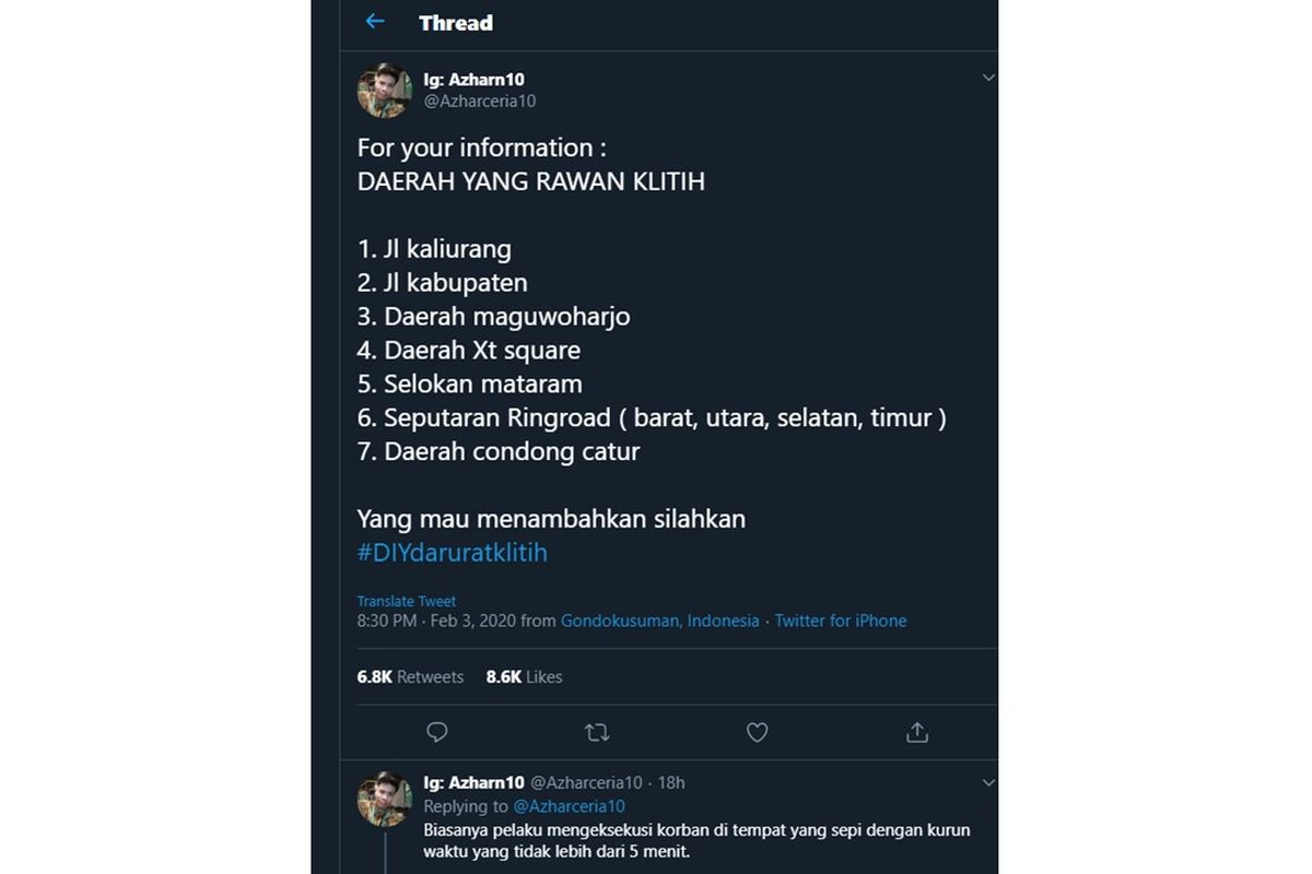 Postingan mengenai daerah rawan Klithih viral di Twitter (04/02/2020).