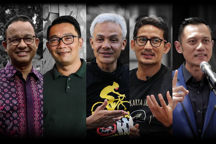 Kolase foto Anies Baswedan, Ridwan Kamil, Ganjar Pranowo, Sandiaga Uno, dan Agus Harimurti Yudhoyono (kiri ke kanan).