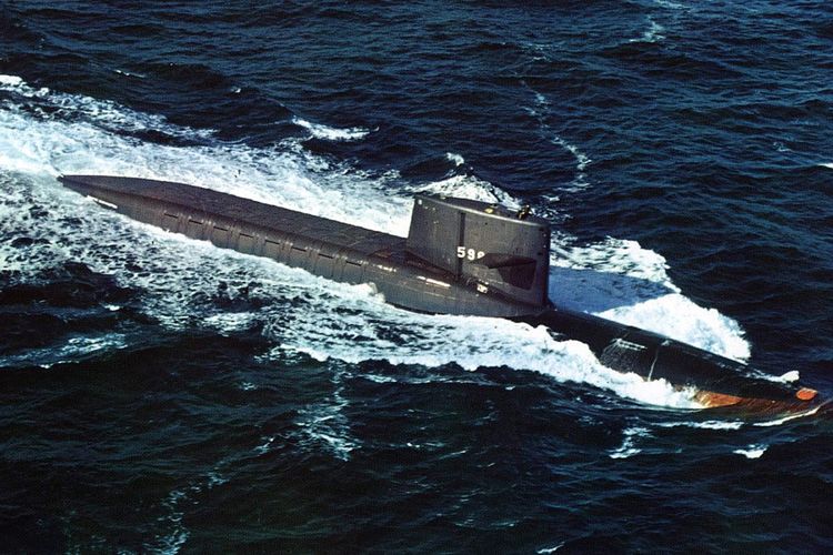 The U.S. Navy ballistic missile submarine USS George Washington (SSBN-598) underway, circa in the 1970s.