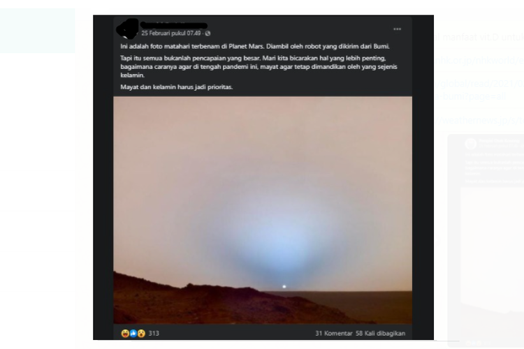 Tangkapan layar unggahan pemandangan matahari terbenam di Mars.
