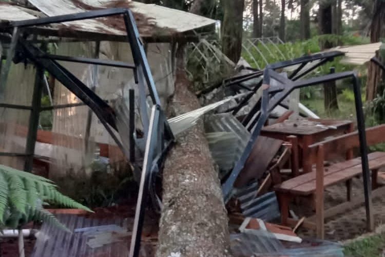 Bangunan fasilitas di obyek wisata Orchid Forest Cikole, Lembang, Kabupaten Bandung Barat (KBB), Jawa Barat hancur tertimpa pohon tumbang, Selasa (12/2/2024).