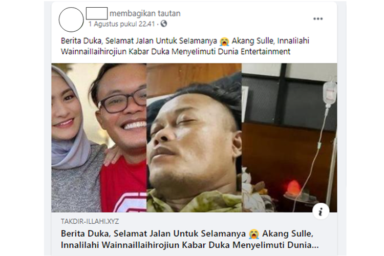 Hoaks, informasi yang menyebutkan komedian Sule meninggal dunia.