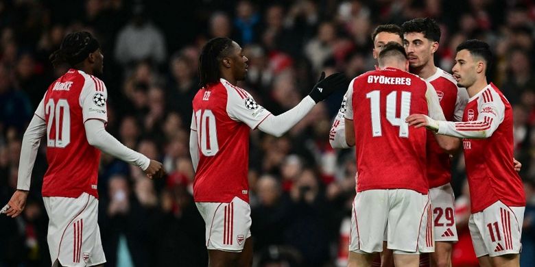 Penyerang Arsenal Kai Havertz merayakan gol kedua timnya pada laga Liga Champions UEFA antara Arsenal dan Kairat Almaty di Stadion Emirates di London utara pada 28 Januari 2026.