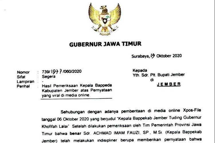 Surat sanksi dari Gubernur Jawa timur untuk  plt bupati bupati jember terkait sanksi pada kepala bappekab Jember  