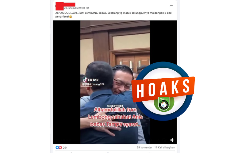 Tangkapan layar Facebook narasi yang mengeklaim Tom Lembong dinyatakan bebas tanpa syarat
