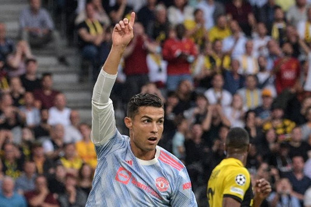 Cristiano Ronaldo ketika merayakan golnya pada laga pertama Grup F Liga Champions yang mempertemukan Young Boys vs Man United di Wankdorf Stadium, Selasa (14/9/2021) malam WIB.