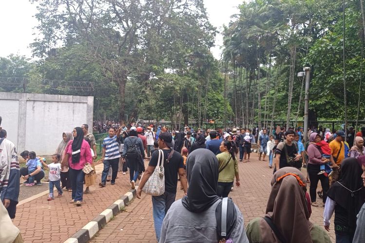Padatnya pengunjung Taman Margasatwa Ragunan, Jakarta Selatan, pada Senin (1/1/2024).