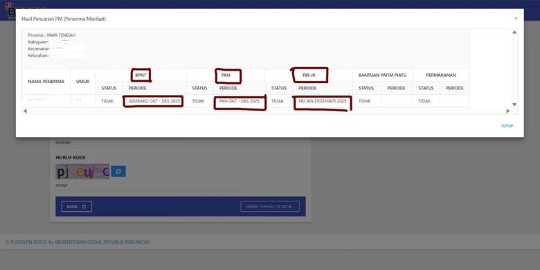 Tangkapan layar hasil pencarian cek bansos Kemensos via cekbansos.kemensos.go.id. Cek bansos PKH BPNT. Bansos PKH BPNT 2026. Cek bansos 2026. PKH 2026 kapan cair. BPNT 2026 kapan cair. Bansos 2026.
