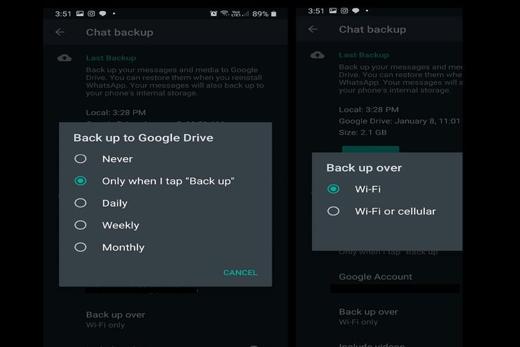 Pengguna bisa memilih kapan ingin mencadangkan chat WhatsApp dan koneksi internet yang digunakan sebelum mencadangkan chat.