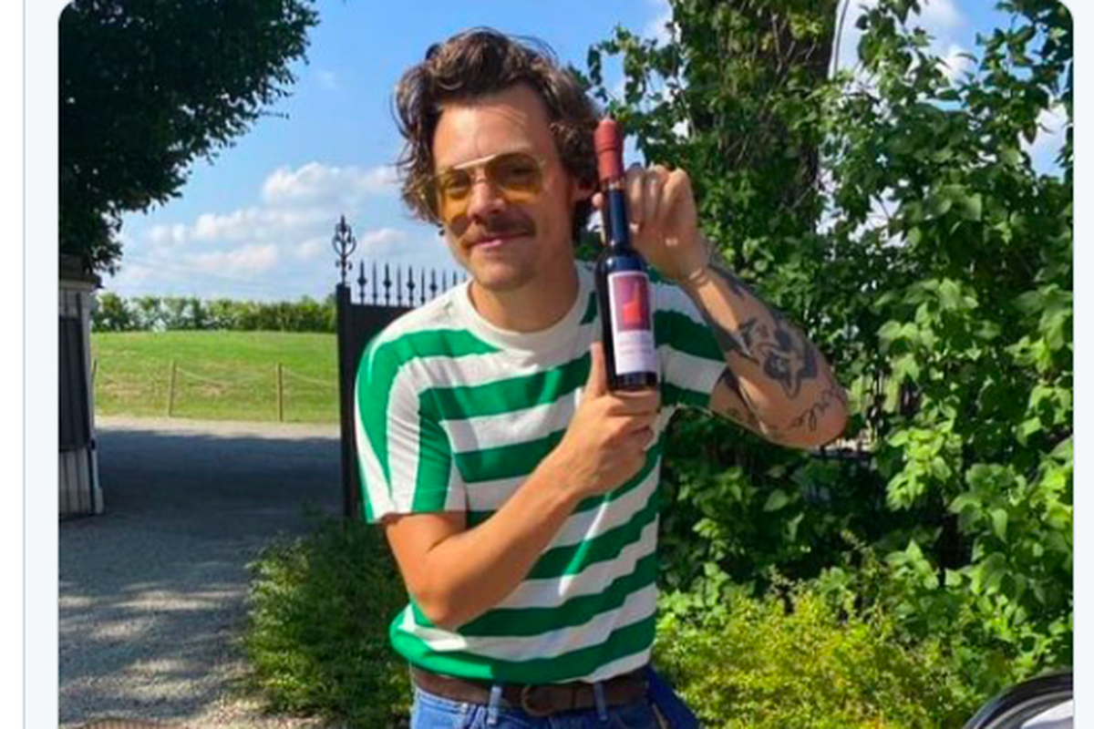 Penampilan baru Harry Styles dengan kumis yang menghiasi wajahnya.