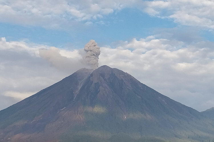 Visual erupsi Gunung Semeru dengan letusan setinggi 1.100 meter, Rabu (3/12/2025).