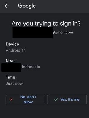 Tampilan prompt verifikasi dua langkah saat log-in ke akun Google.
