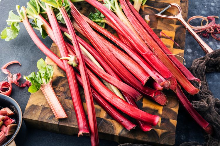 Rhubarb, a pink stem plant that is often processed into jam or the contents of the pie. 