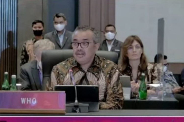 Direktur Jenderal Badan Kesehatan Dunia (WHO), Tedros Adhanom Ghebreyesus mengenakan batik berbicara dalam pertemuan pertama menteri kesehatan negara anggota G20 di Sleman, Daerah Istimewa Yogyakarta, Senin (20/6/2022).