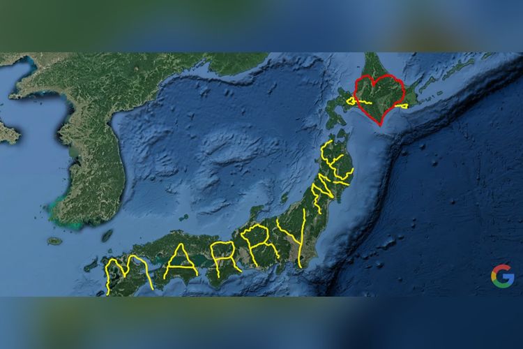 Yasushi Yassan Takahashi menempuh perjalanan 7.163,67 kilometer selama enam bulan untuk membuat tulisan Marry Me di Google Earth.