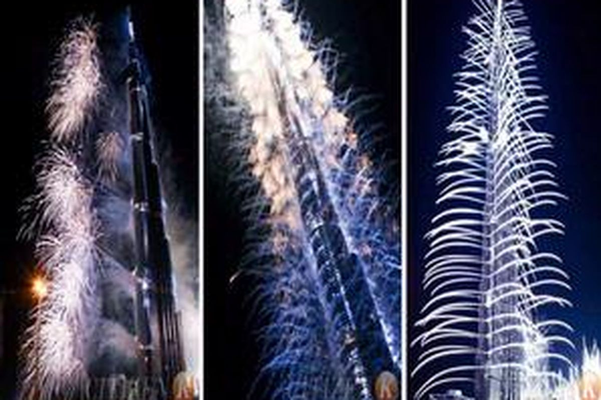 Gelegar pesta kembang api menandai peresmian Burj Dubai atau Burj Khalifa, Senin (4/1/2010).