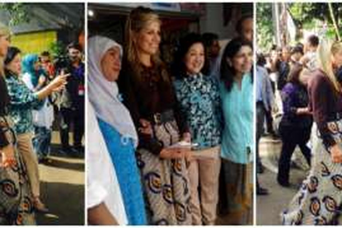 Ratu Maxima dari Kerajaan Belanda mengenakan busana batik dalam kunjungannya ke Bogor, Rabu (31/8/2016).