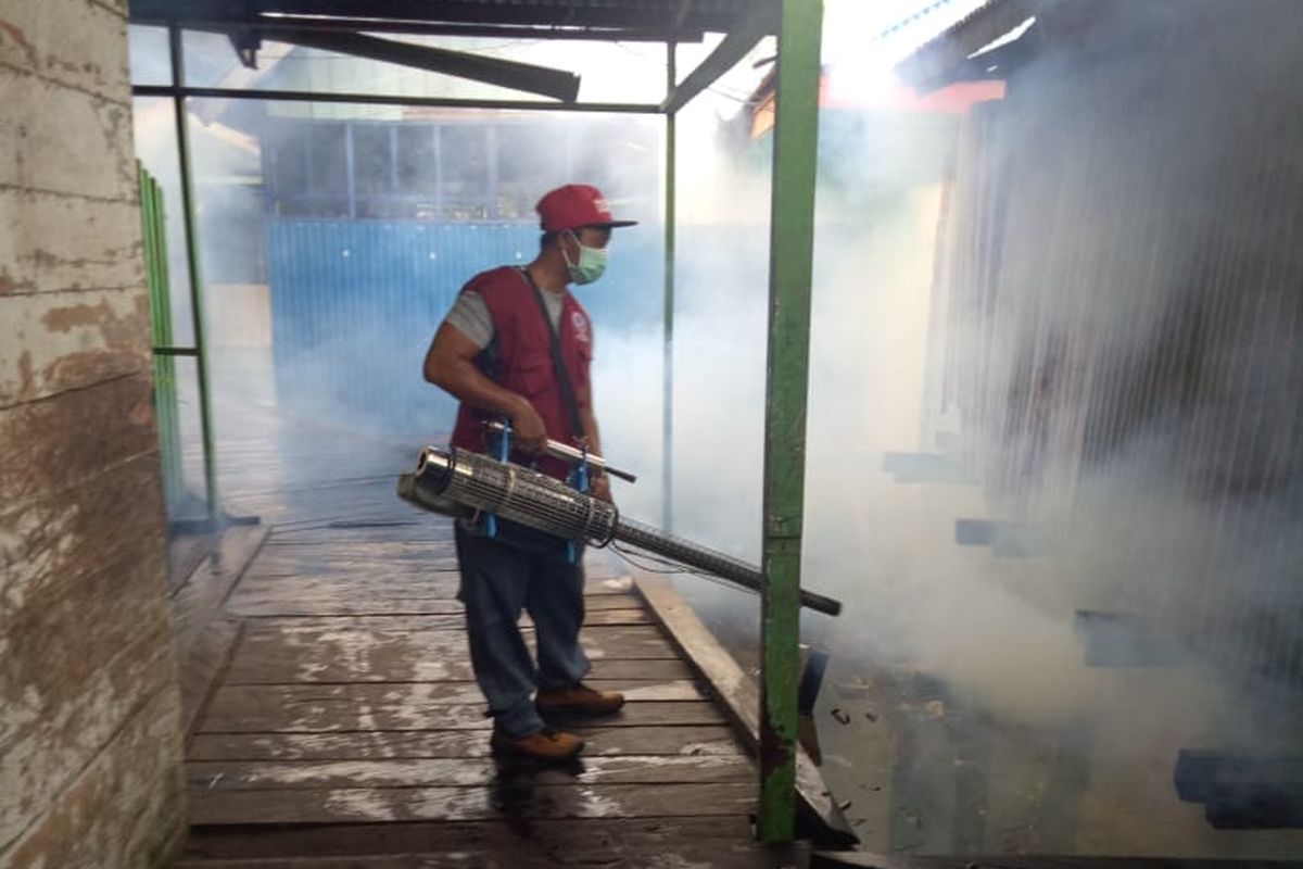 Seorang petugas Dinkes Asmat saat melakukan pengasapan di lingkungan RSUD Agats guna cegah demam berdarah,  Senin (21/1/2019)