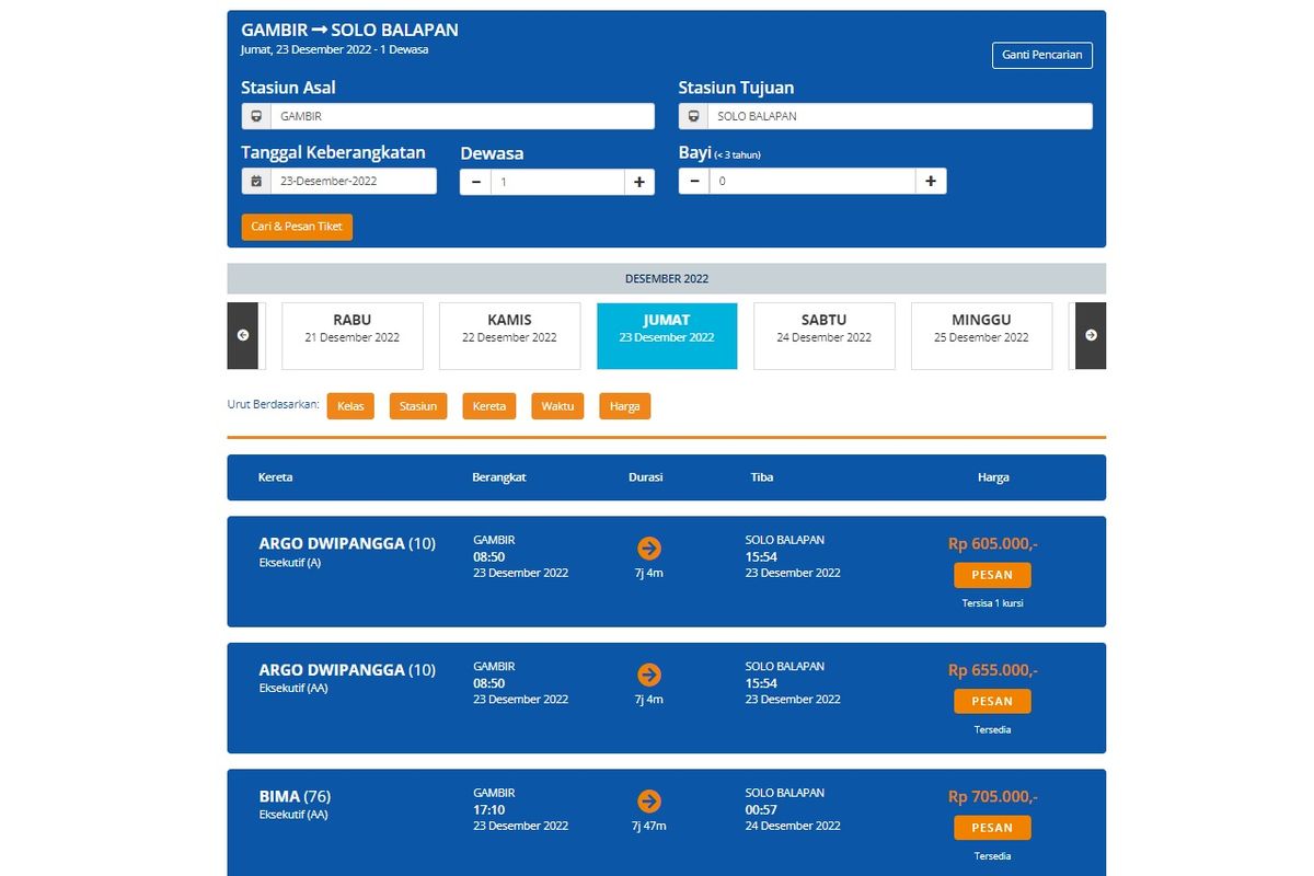 Tangkapan layar pembelian tiket kereta untuk libur Natal dan Tahun Baru 2023 di website kai.co.id.