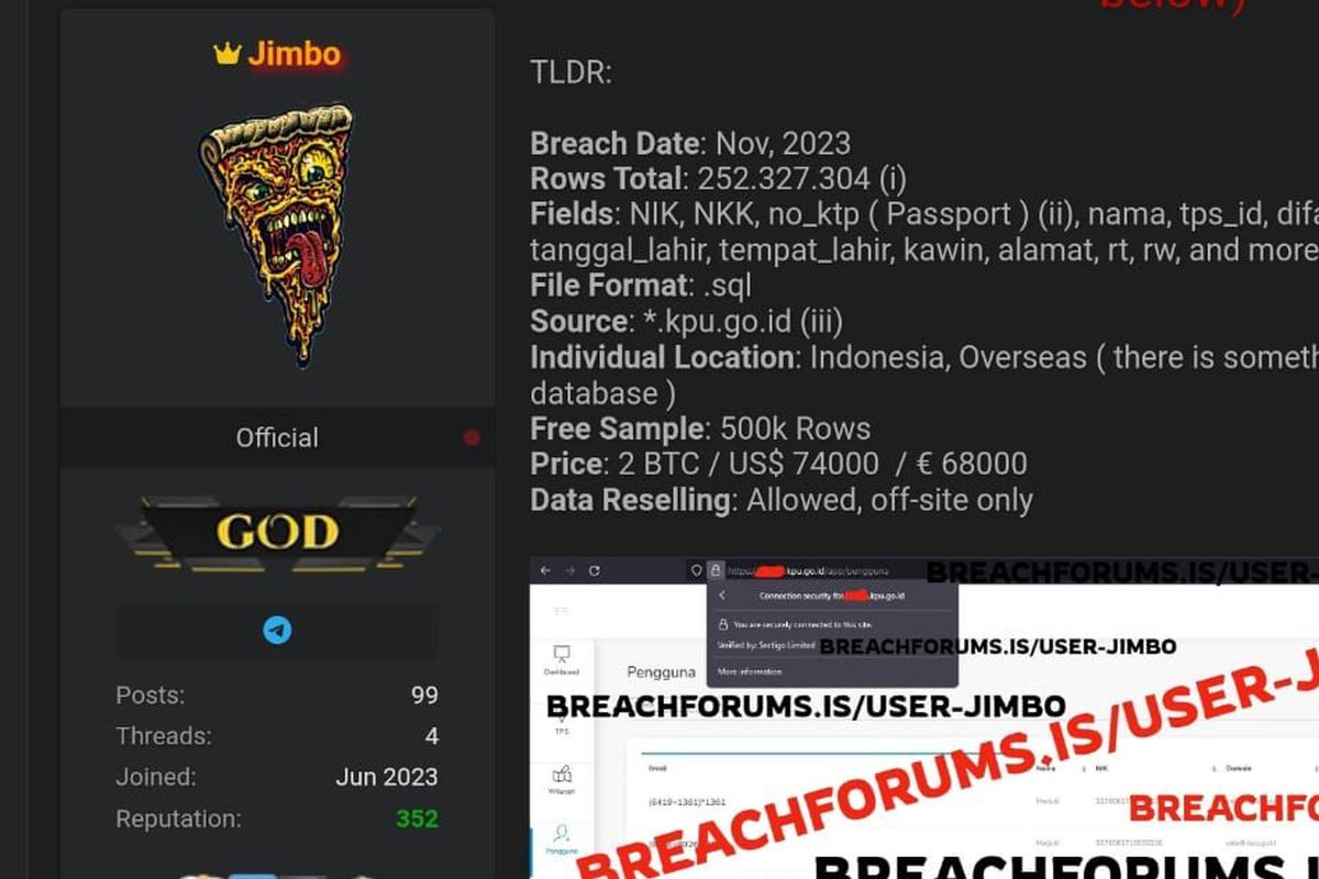 Tangkapan layar data KPU bocor yang di jual oleh Jimbo di situs BreachForums.