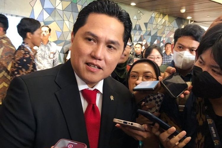 Menteri BUMN Erick Thohir di Gedung DPR RI, Senayan, Jakarta, Rabu (16/8/2023). Erick Thohir sebut Garuda Indonesia tetap premium, Citilink dan Pelita Air merger.