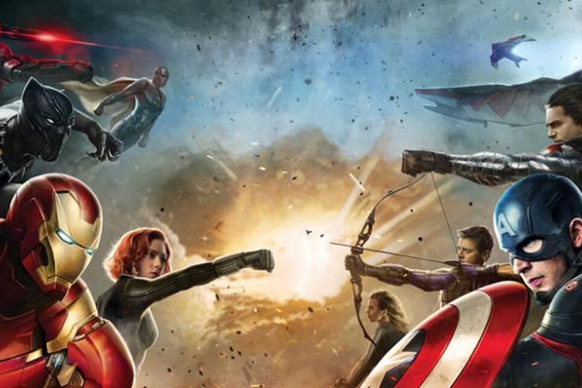Materi promosi Captain America: Civil War yang memisahkan Avengers dalam dua kubu.