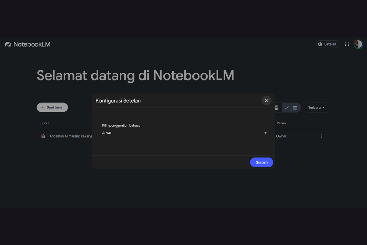 Tangkapan layar Platform AI Google NotebookLM yang kini mendukung 50 bahasa termasuk Bahasa Indonesia dan Bahasa Jawa.
