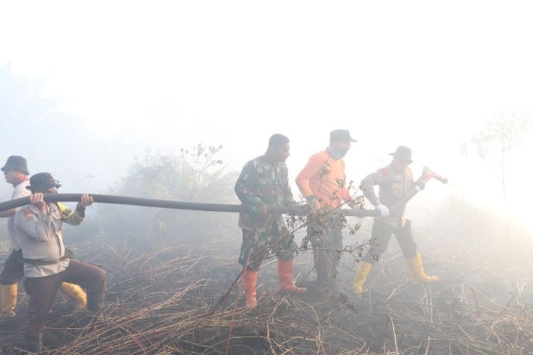 Petugas gabungan memadamkan api karhutla di Desa Gambut Mutiara, Kecamatan Teluk Meranti, Kabupaten Pelalawan, Riau, Rabu (20/3/2024).