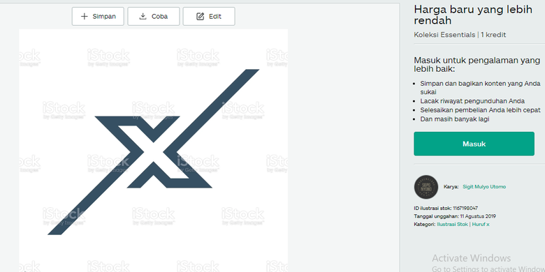 Tangkapan layar desain logo X buatan Sigit Mulyo Utomo di situs iStock