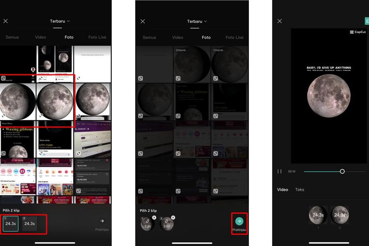 Ilustrasi cara membuat video moon phase dari templat yang tersedia di CapCut.