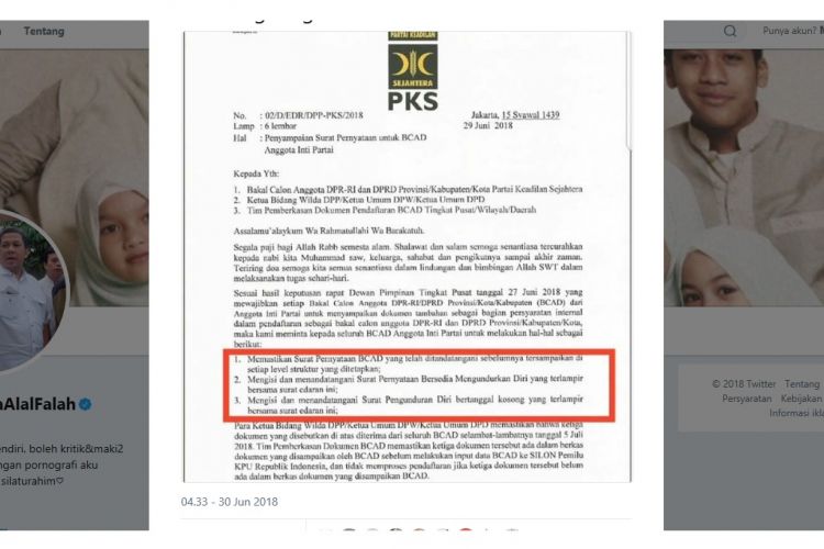 Politisi PKS Fahri Hamzah mengunggah surat berlogo PKS yang meminta bakal caleg terpilih harus siap mengundurkan diri kapanpun.