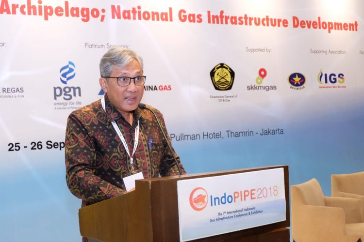 Direktur Utama PT PGN Tbk Gigih Prakoso saat menjadi salah satu pembicara saat acara 7th International Indonesia Gas Infrastructure Conference & Exhibition 2018 di Jakarta, Selasa (25/9/2018).