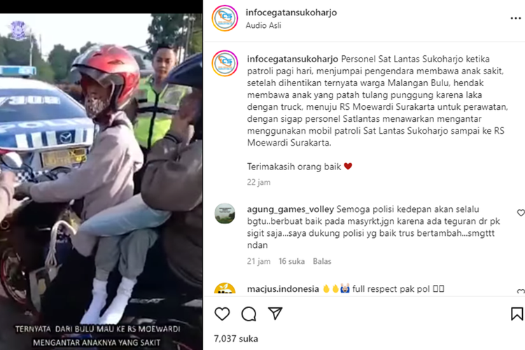 Tangkapan layar unggahan video memperlihatkan personel polisi lalu lintas (polantas) menggunakan kendaraan patroli dan pengawalan (patwal) menghentikan pengendara sepeda motor yang membawa anak sakit.