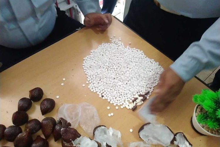 Pil koplo dalam buah salak yang diduga hendak diselundupkan ke dalam Lapas Kelas IIB Jombang, Jawa Timur.