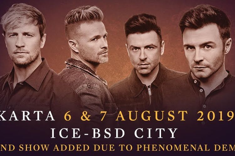 Poster konser Westlife di ICE BSD pada 6 dan 7 Agustus 2019.