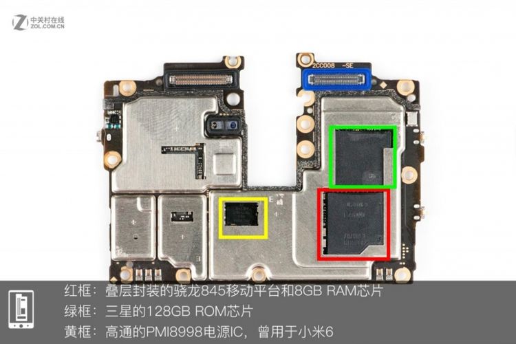 Dapur pacu Oppo Find X. Kotak merah menandai SoC Snapdragon 845, persis di samping media penyimpanan 128 GB yang ditandai kotak hijau. Kotak kuning adalah IC untuk manajemen daya. Komponen-komponen ini dikelilingi lempengan logam yang berfungsi sebagai heatspreader alias peredam panas. 