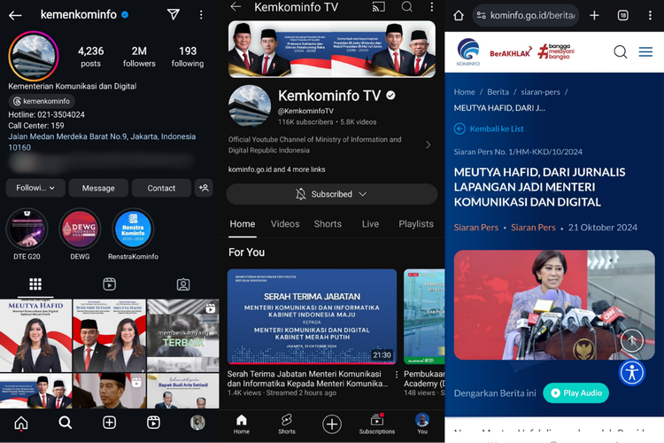 Tangkapan layar per Senin (21/10/2024), pukul 15.00 WIB, di mana Kementerian Komunikasi dan Digital terpantau belum melakukan rebranding terhadap nama Kominfo di media sosia, YouTube, ataupun situs resminya.