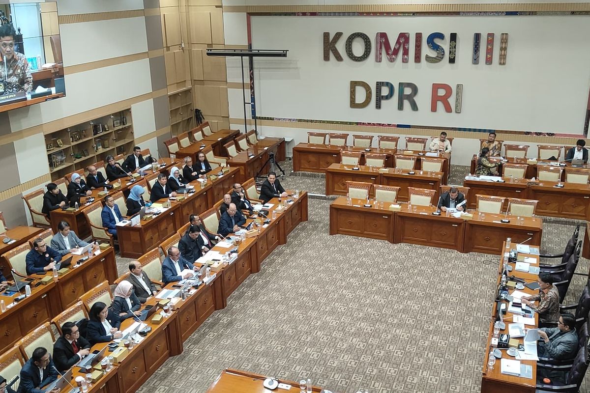 Suasana rapat dengar pendapat umum (RDPU) Komisi III bersama LPSK dan Peradi membahas revisi Undang-Undang Kitab Undang-Undang Hukum Acara Pidana (RUU KUHAP), Selasa (17/6/2025).