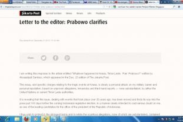 Hak jawab calon presiden Prabowo Subianto yang diberikan Jakarta Post