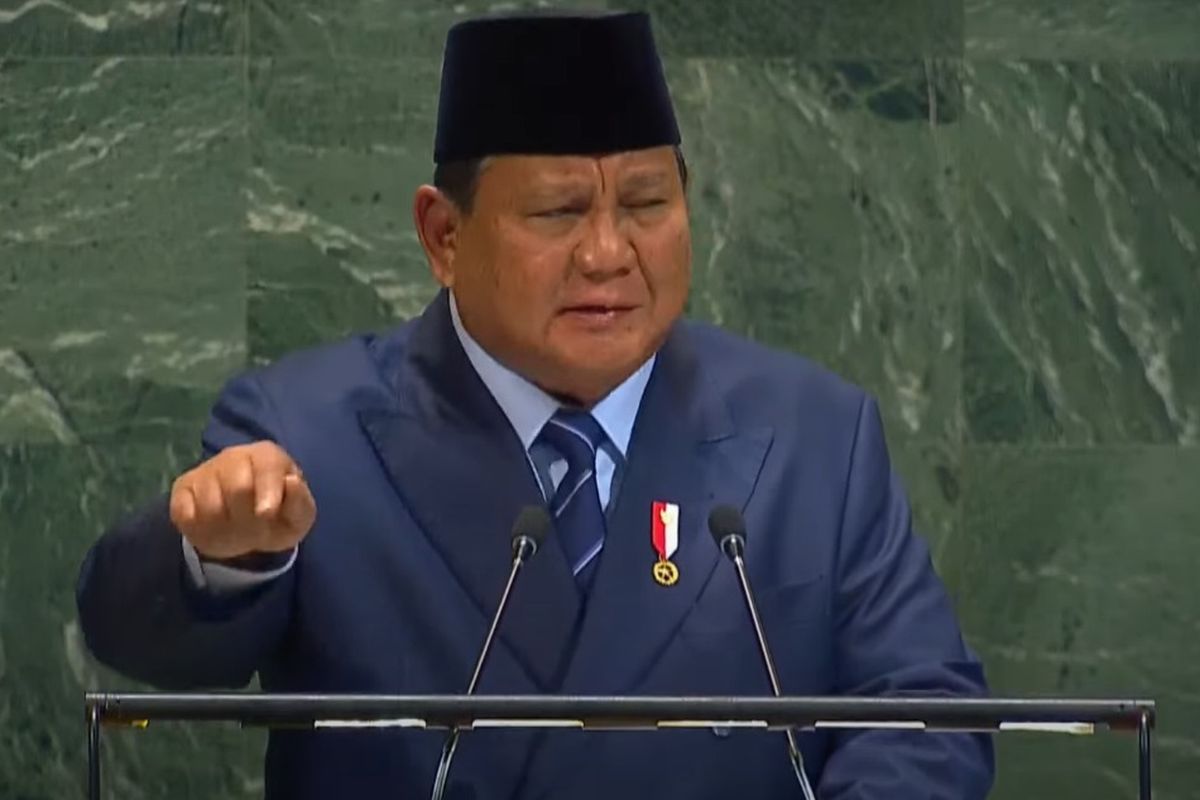 Presiden Prabowo Subianto ketika berpidato di Sidang Majelis Umum PBB, New York, AS pada Selasa (23/9/2025).