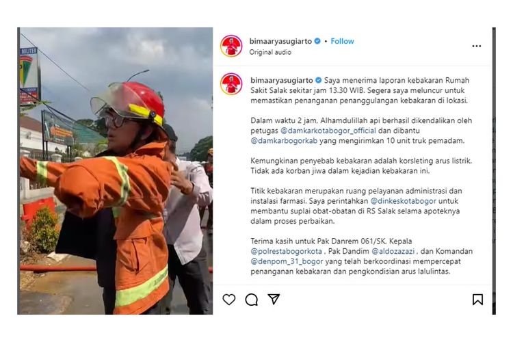 Unggahan video Wali Kota Bogor sedang meninjau penanganan kebakaran RS Salak