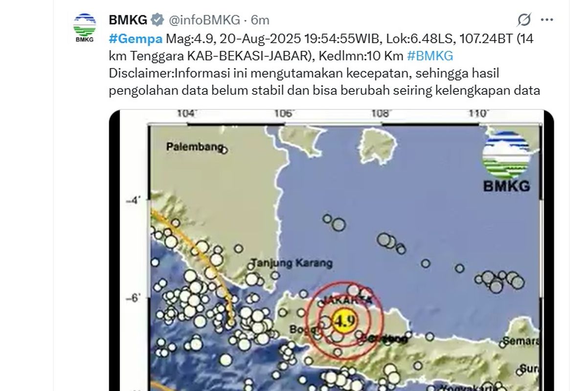 GEMPA: BMKG melaporkan adanya gempa magnitudo 4,9 di Bekasi, Jawa Barat, pada Rabu (20/8/2025) malam.