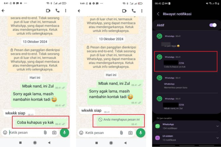 Ilustrasi cara melihat chat WA yang sudah dihapus tanpa aplikasi dengan mengaktifkan fitur riwayat notifikasi.
