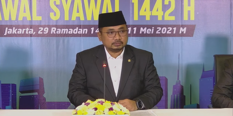 Menteri Agama Yaqut Cholil Qoumas saat memimpin sidang isbat penetapan 1 Syawal 1442 H. Idul Fitri diputuskan jatuh pada Kamis (13/4/2021).