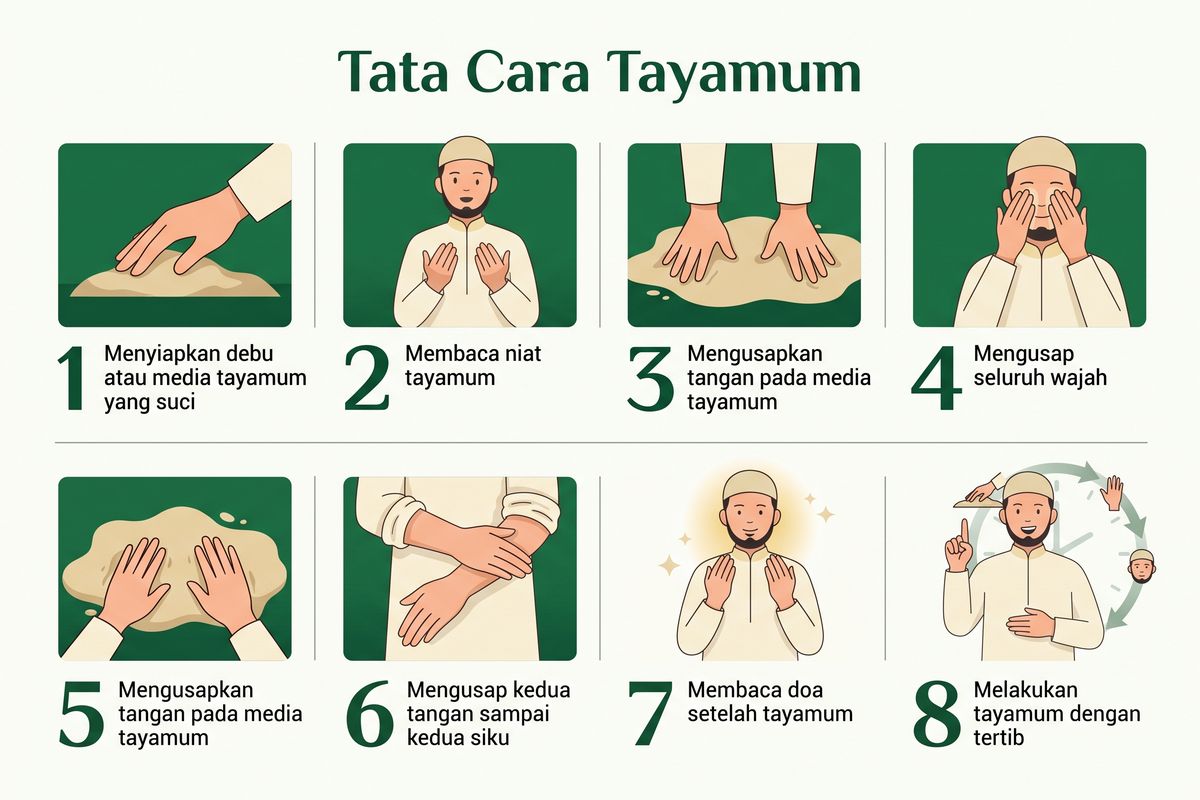 Ilustrasi urutan tata cara tayamum.